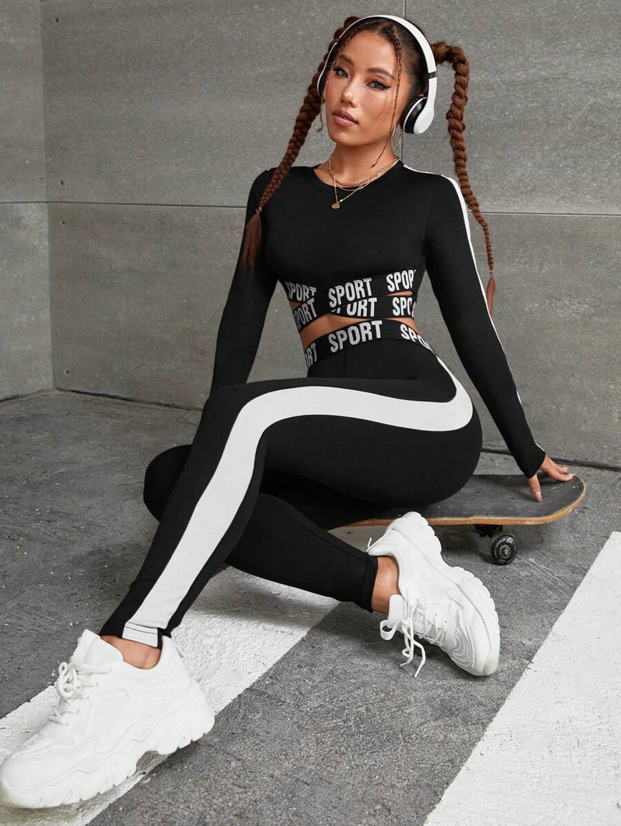 SHEIN Sport Gameset Conjunto deportivo de mujer con gráfico de letra, contraste de lado y corte cruzado