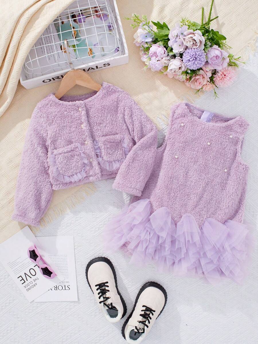 SHEIN Kleine Mädchen Einfarbig Jacke & Mesh Kleid