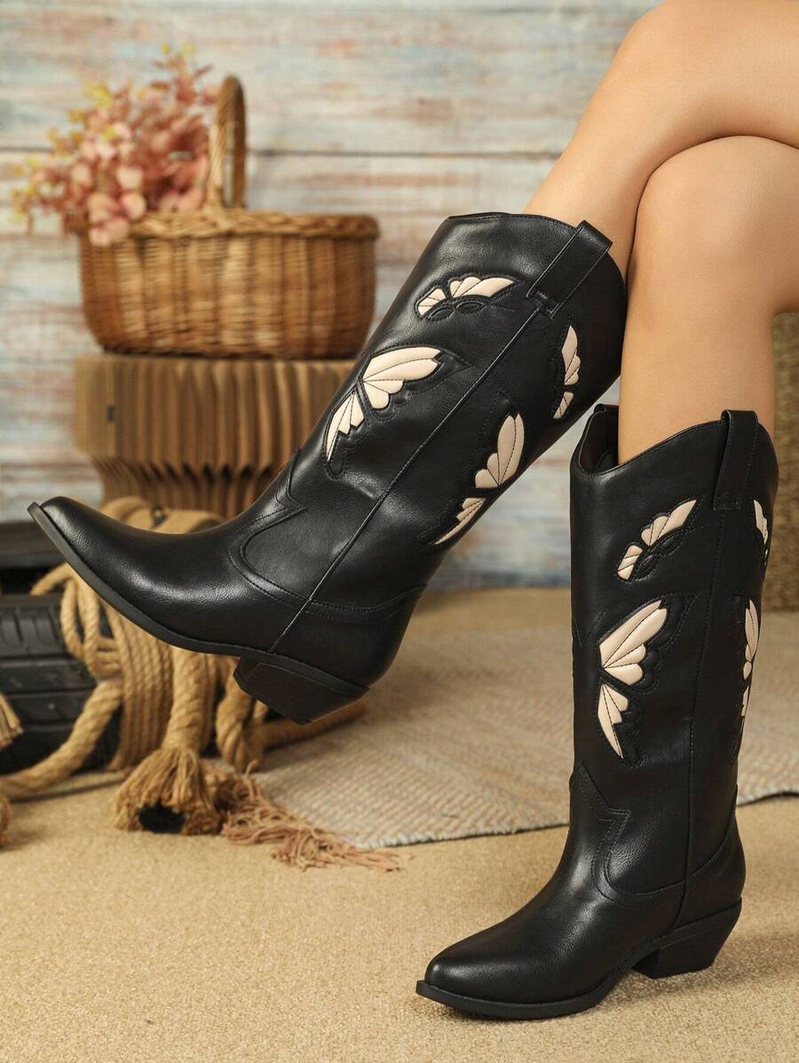 Styleloop Butterfly Stereo Patchwork Black Western Boots For Spring & Autumn 2024 Latest Fashionable PU Leather Boots, Cowboy Boots For Women