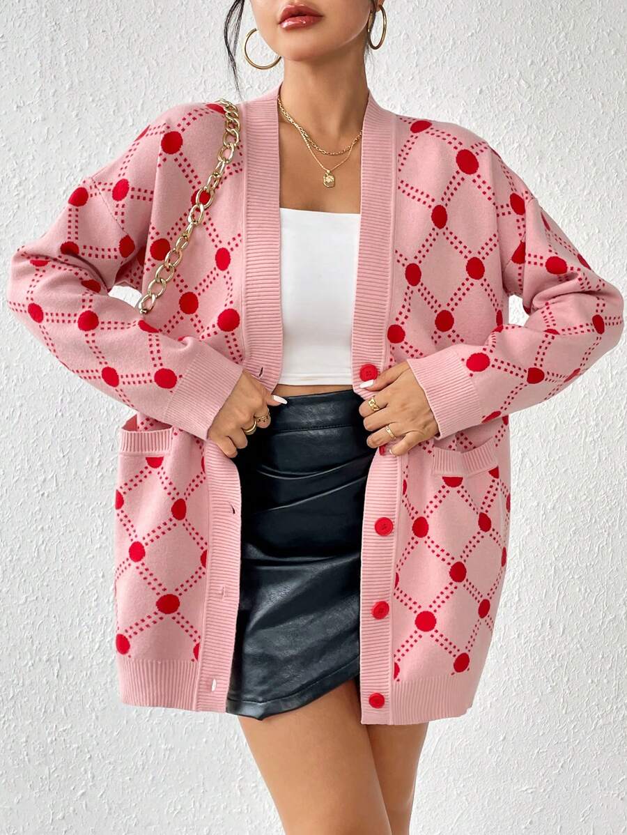 SHEIN Essnce Kropki & Wzór argyle Opuszczane ramiona Długi kardigan