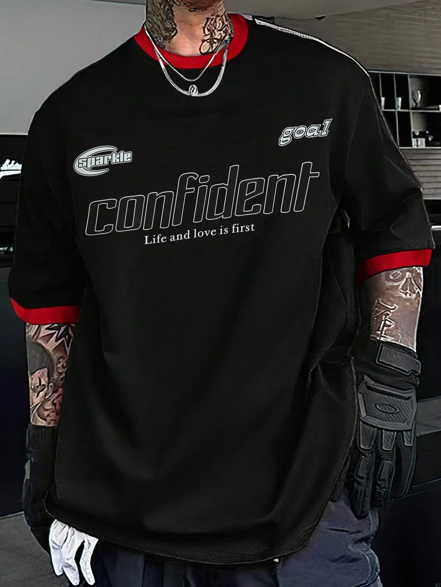 Manfinity EMRG Camiseta Extragrande De Hombres Con Diseño De Eslogan Gráfico Y Ribete De Contraste