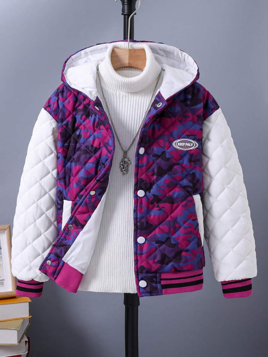 Tween Boy 1pc Camo Print Letter Patched Striped Trim Hooded Quilted Coat