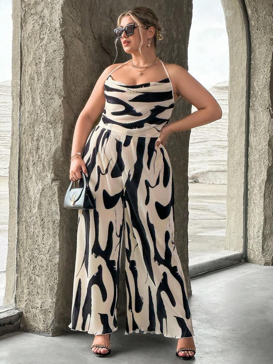 SHEIN Privé Plus Allover Print Drape Front Halter Top & Wide Leg Pants