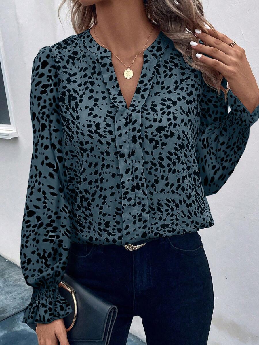 SHEIN LUNE Allover Print Flounce Sleeve Blouse