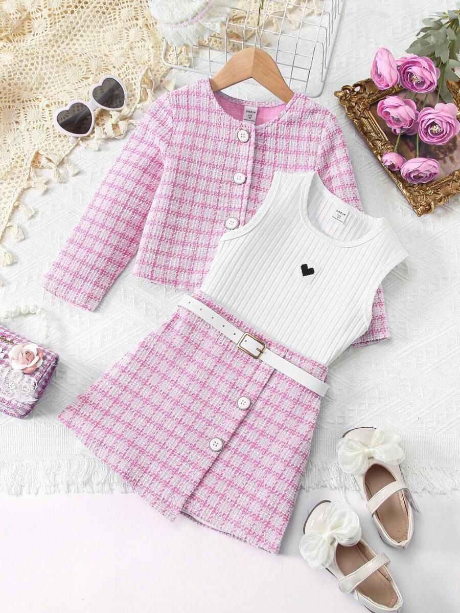 SHEIN Young Girl Plaid Print Jacket & Belted Skirt & Tank Top Plaid Young Girls Setskids Dress Set