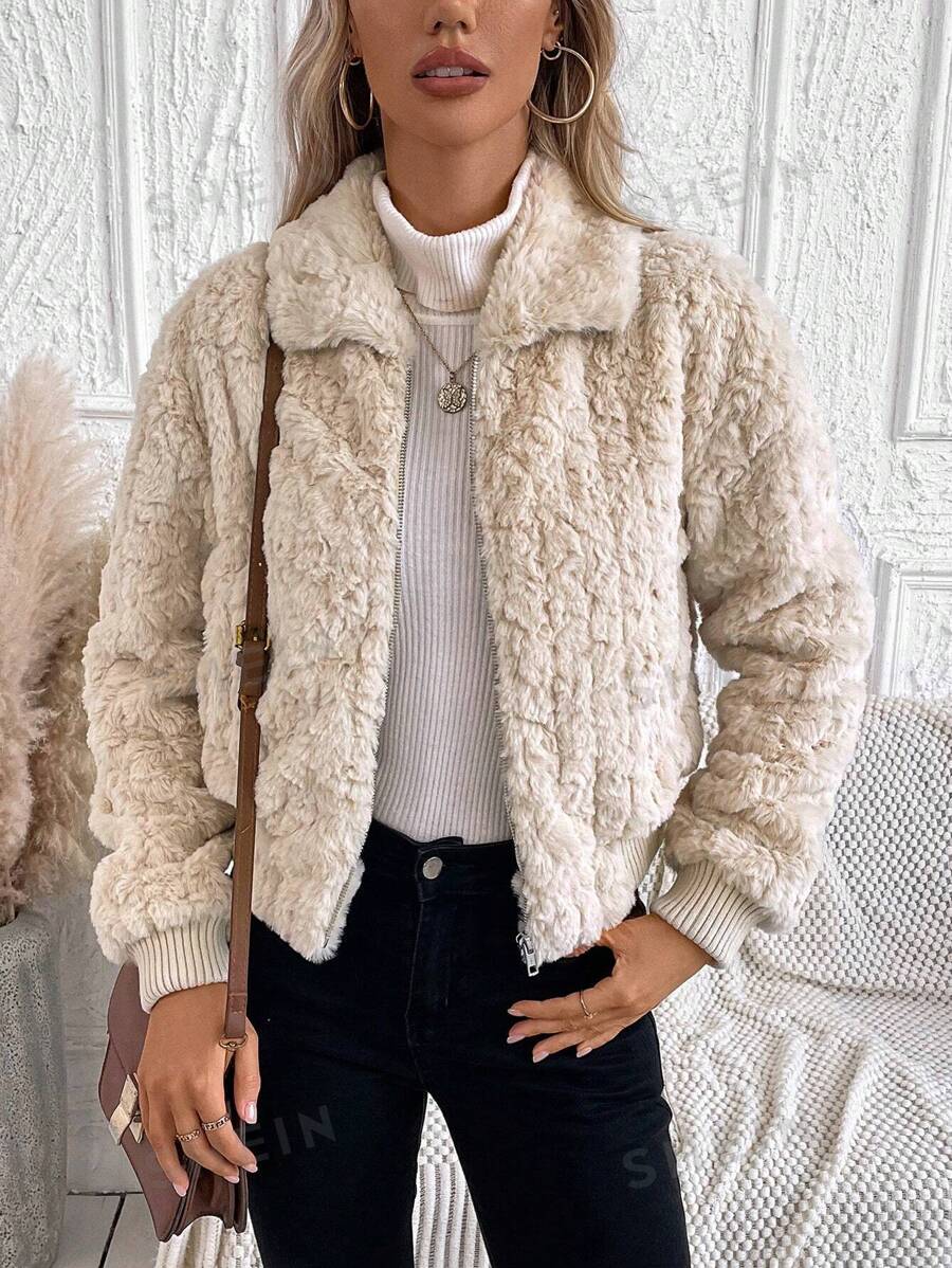 SHEIN LUNE Abrigo con cremallera de hombros caídos de peluche