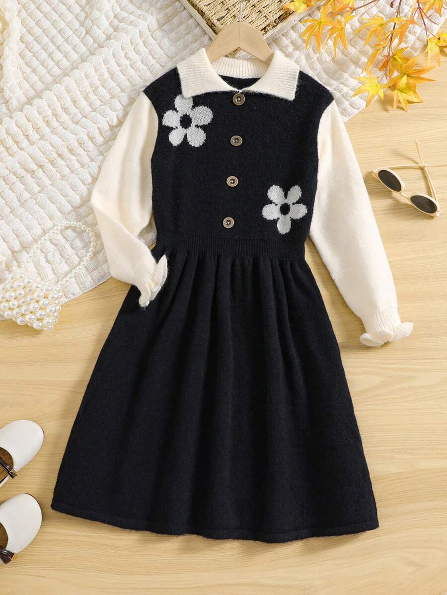 SHEIN Tween Girl Floral Pattern Flounce Sleeve Sweater Dress