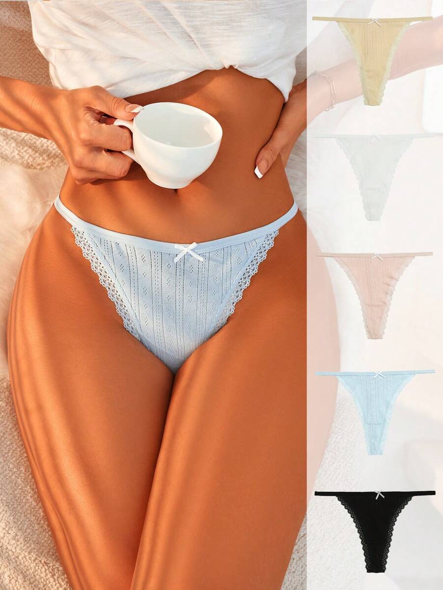 Shein Underwear&Sleepwear Basics 5 Packungen Spitzen-Trim Schleifen-Vorder Sexy String