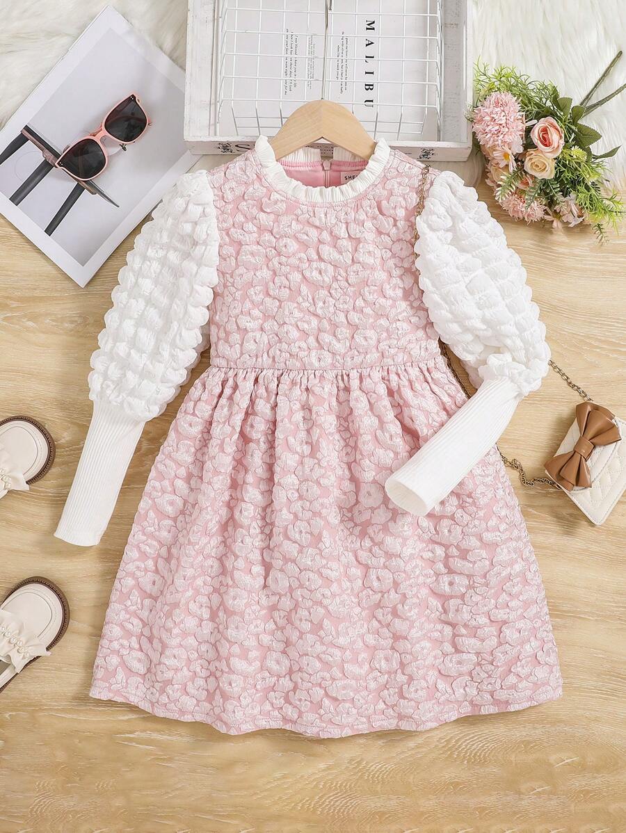SHEIN Teenager Mädchen Jacquard Partykleid mit Gigot Ärmeln für Weihnachten