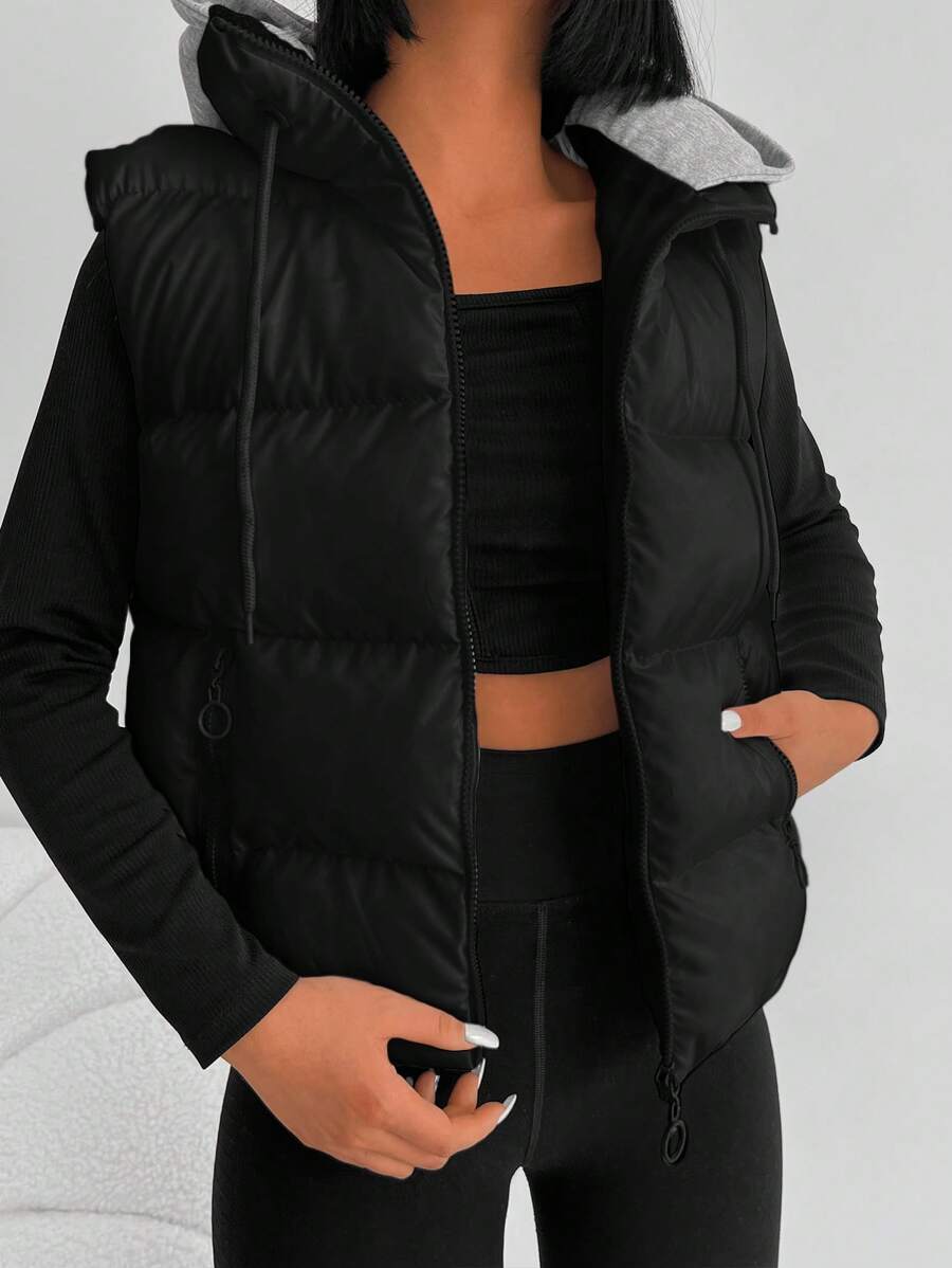 Zip Up Drawstring Hooded Puffer Vest Coat