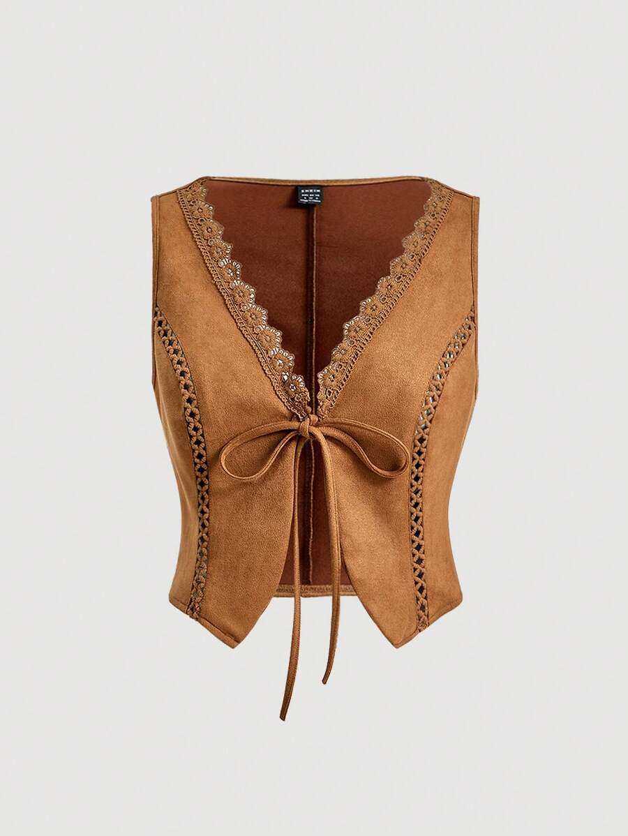 SHEIN MOD Lace Trim Tie Front Vest Jacket Without Blouse