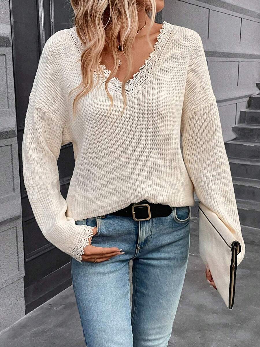 SHEIN Frenchy Jersey ribete con encaje de hombros caídos