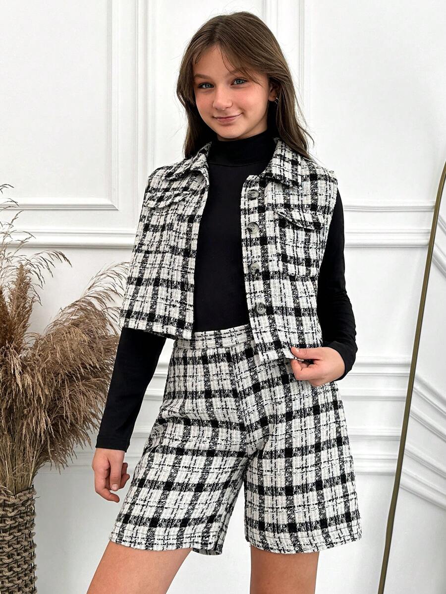 RueChic Garota Adolescente Impressão Xadrez Jaqueta Colete & Shorts
