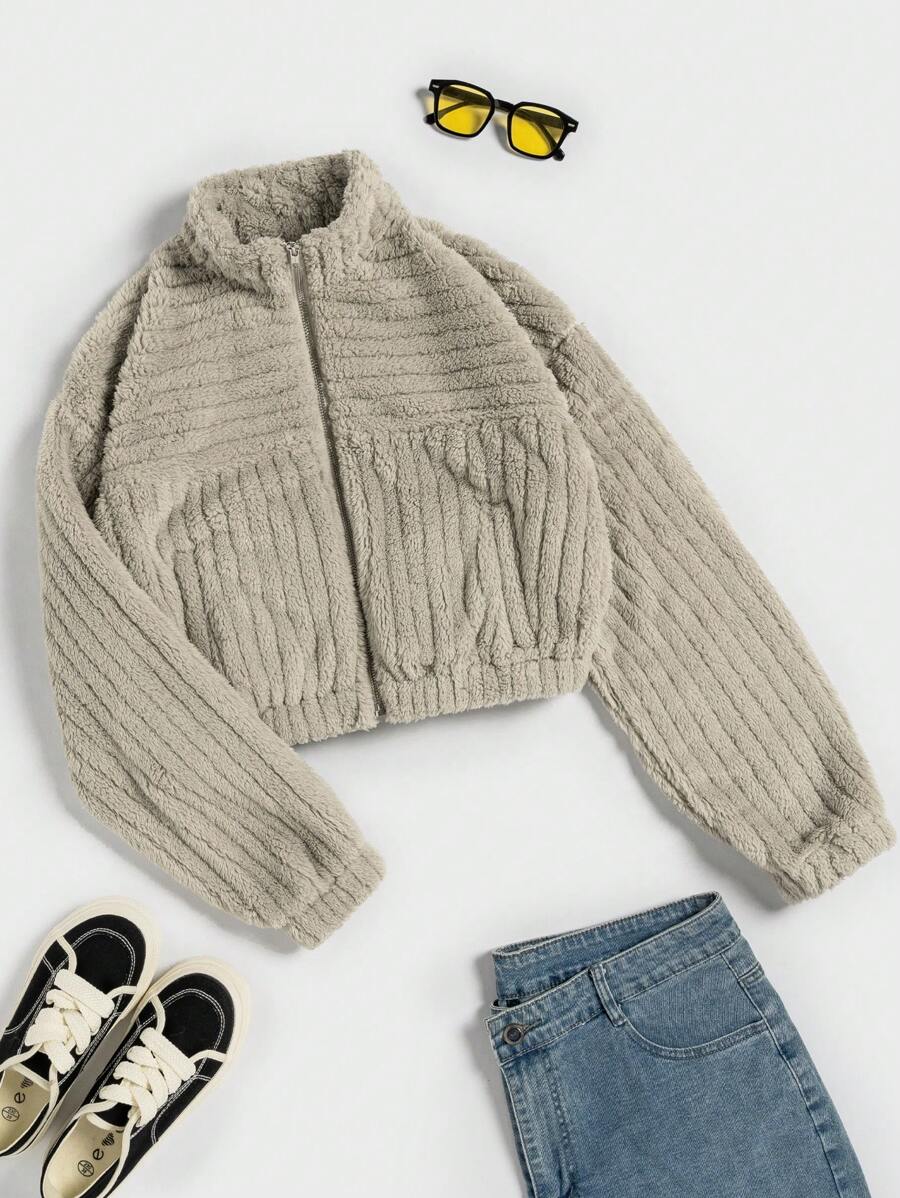 SHEIN EZwear Zip Up Drop Shoulder Teddy Jacket