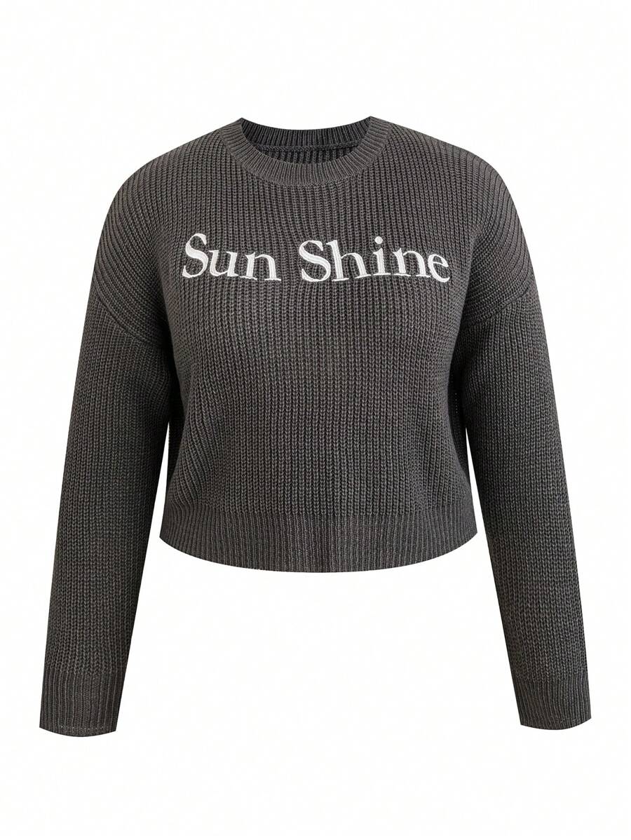Calvaya Plus Letter Pattern Drop Shoulder Sweater