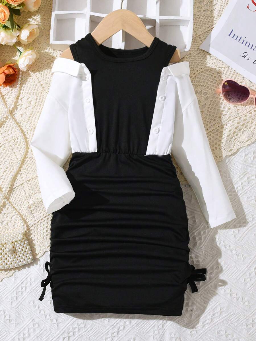 SHEIN Garota Jovem Dois Tons Ombro Frio Cordão Ao Lado Tubo 2 Em 1 Vestido
