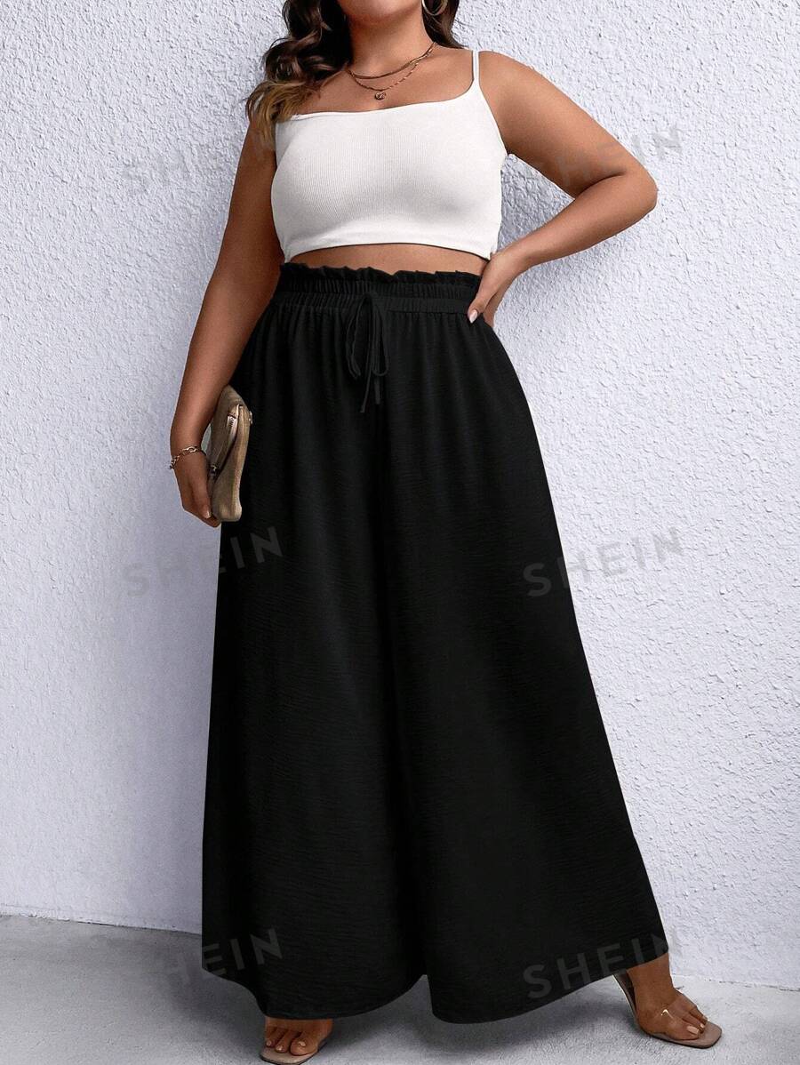 SHEIN LUNE Talla grande Pantalones de pierna ancha de cintura con volante con nudo delantero