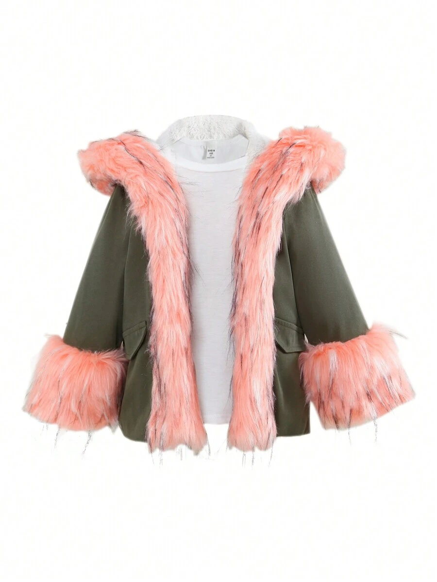 SHEIN Jeune Fille Manteau À Ourlet Duveteux À Capuche À Doublure En Tissu Duveteux (Sans T-Shirt)