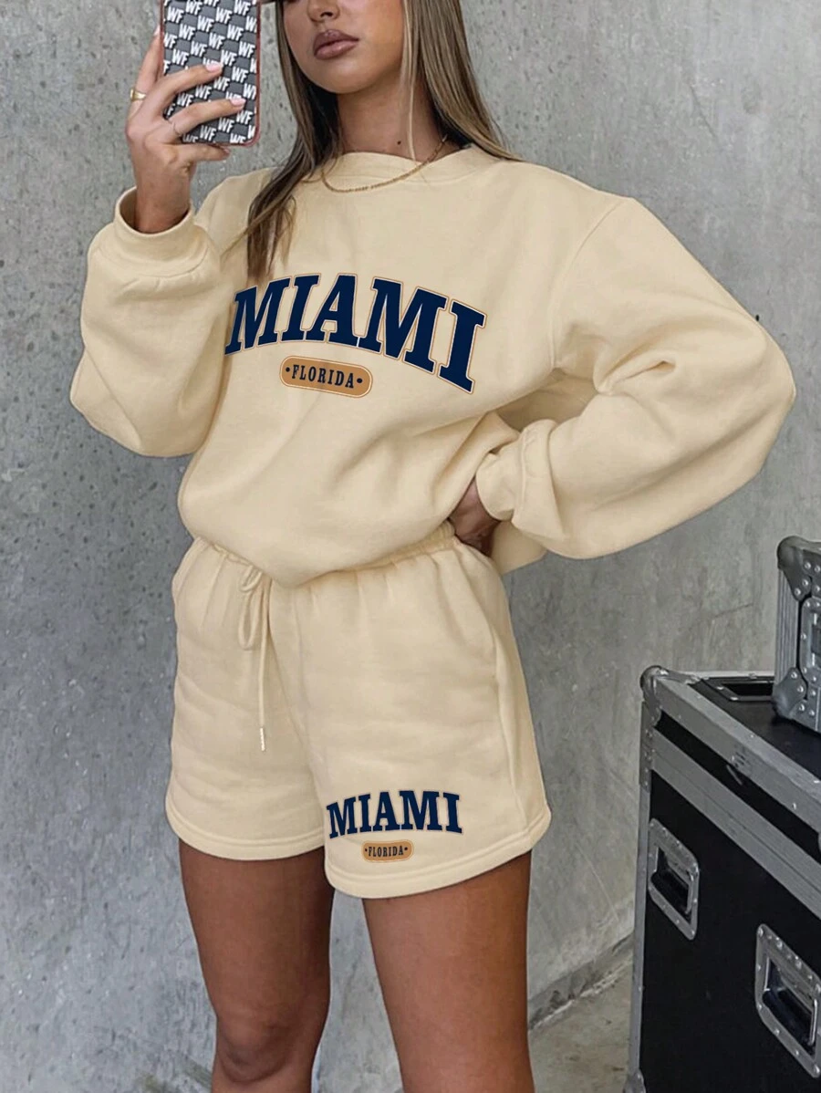 INAWLY Letter Graphic Drop Shoulder Hoodie & Drawstring Waist Shorts