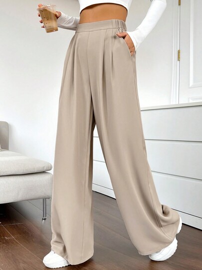 SHEIN EZwear High Waist Plicated Detail Wide Leg Pants