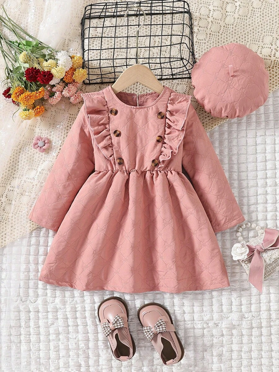 SHEIN Kleine Mädchen Kleid mit Rüschenbesatz & Mütze