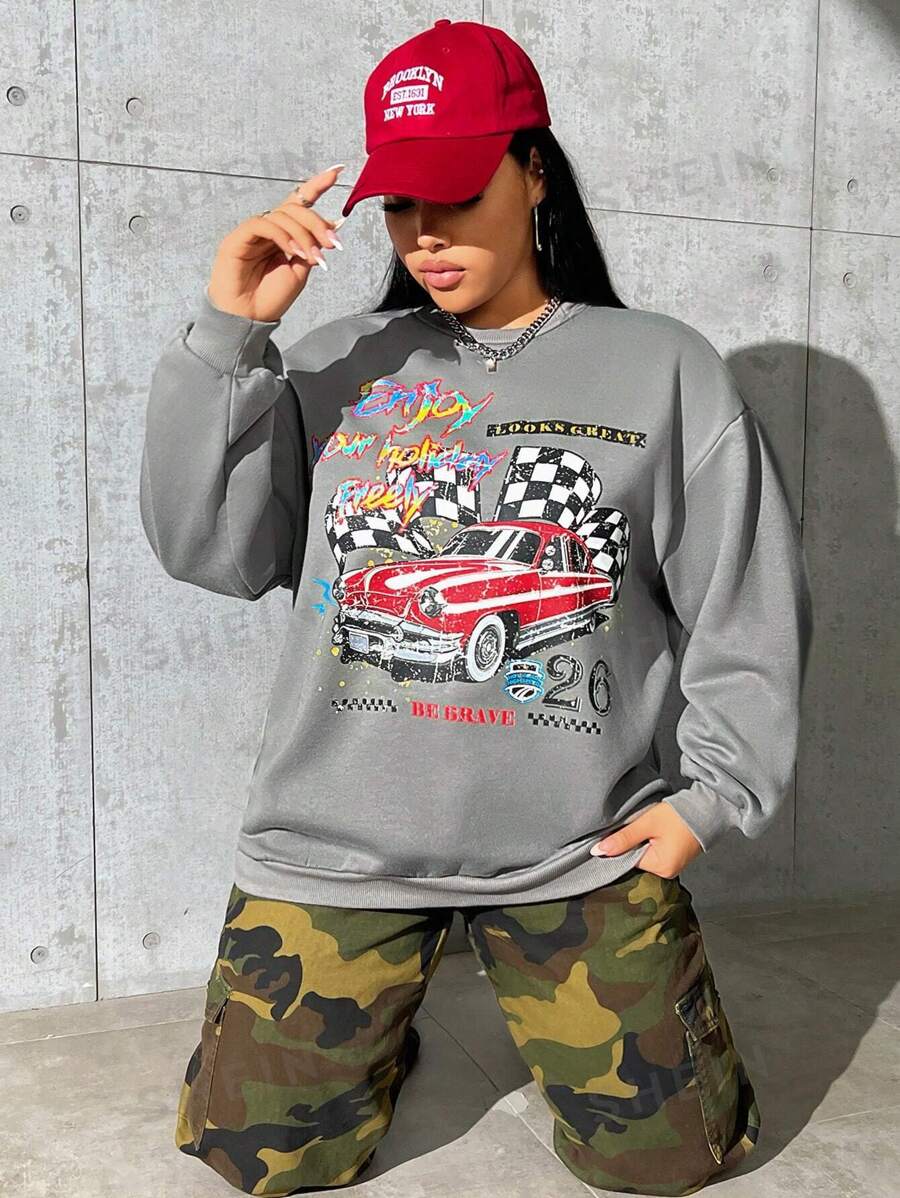 SHEIN EZwear Talla grande Sudadera con estampado de coche y letra de hombros caídos