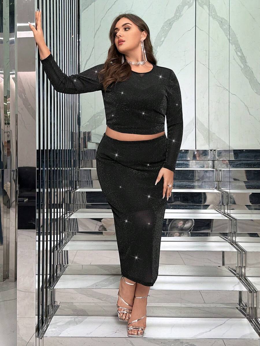 SHEIN Privé Plus Glitter Crop Top & Split Back Skirt