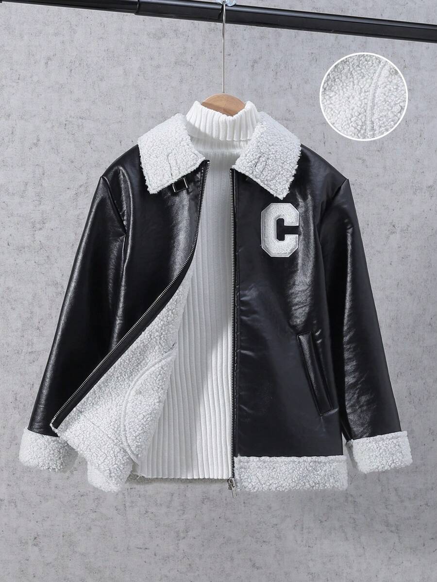SHEIN Teenager Jungen Mantel aus PU Leder mit Buchstabenaufnäher und Teddyfutter ohne Pullover