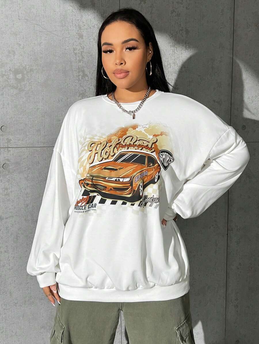 SHEIN EZwear Plus Car & Letter Graphic Drop Shoulder Sweatshirt