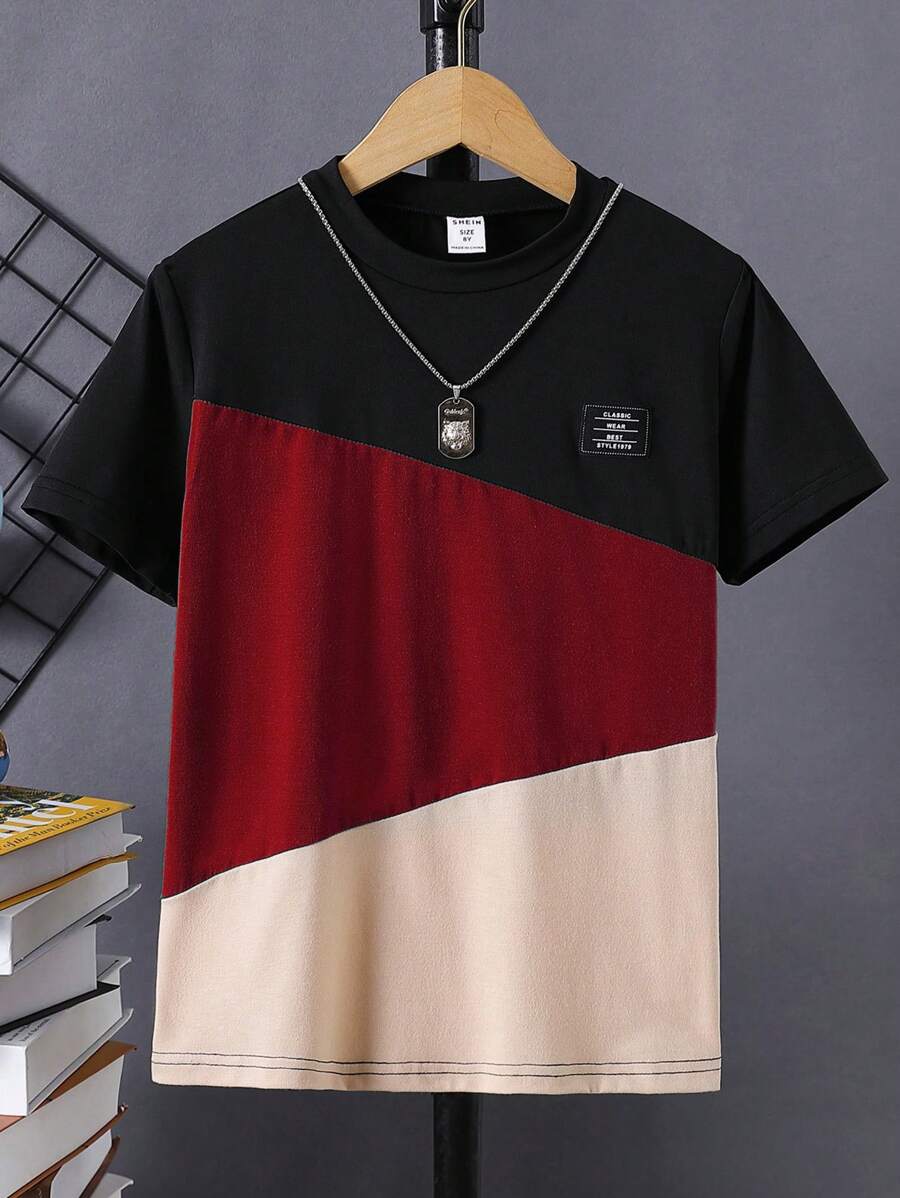 SHEIN Tween Boy Color Block Letter Patched Detail Tee