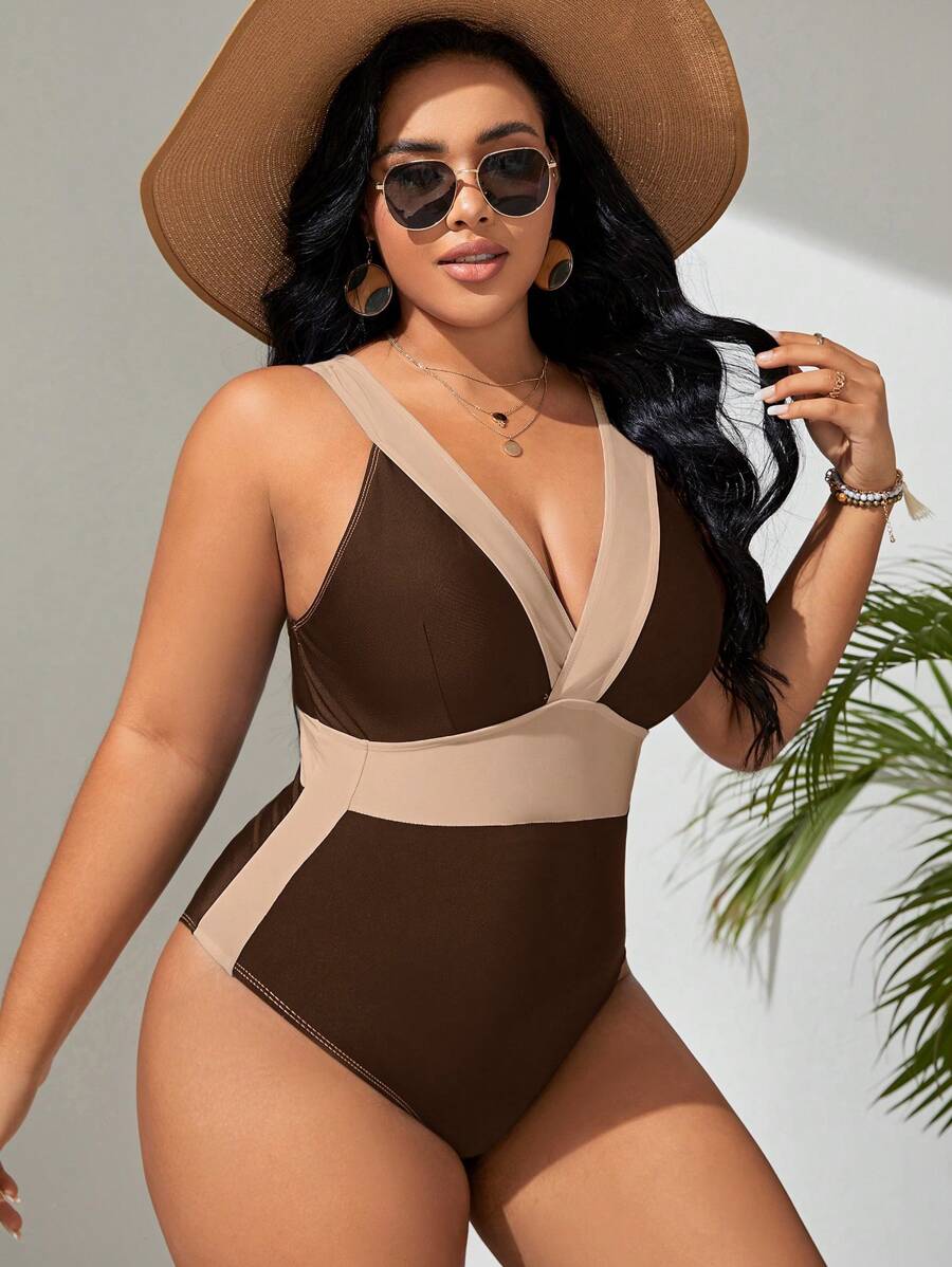 SHEIN Swim Curve Summer Beach Plus Colorblock Plunging Neck One Piece Swimsuit