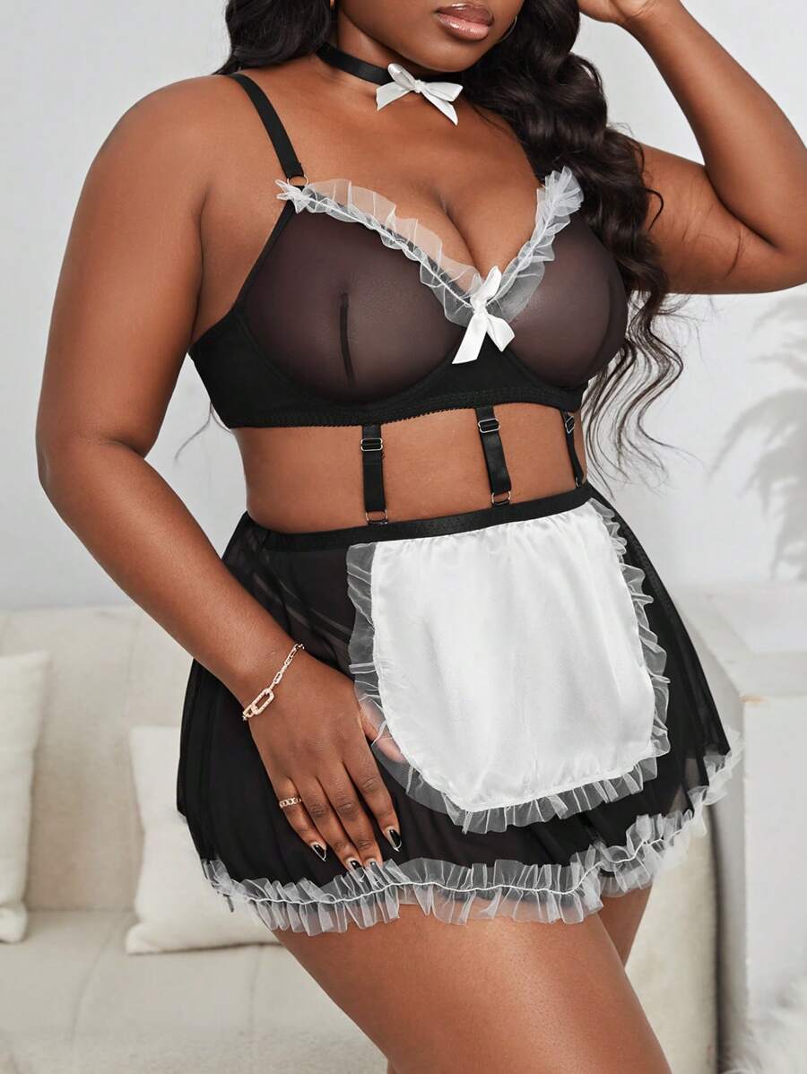 Talla grande 3 piezas Set disfraz de mucama de color combinado con lazo delantero de malla