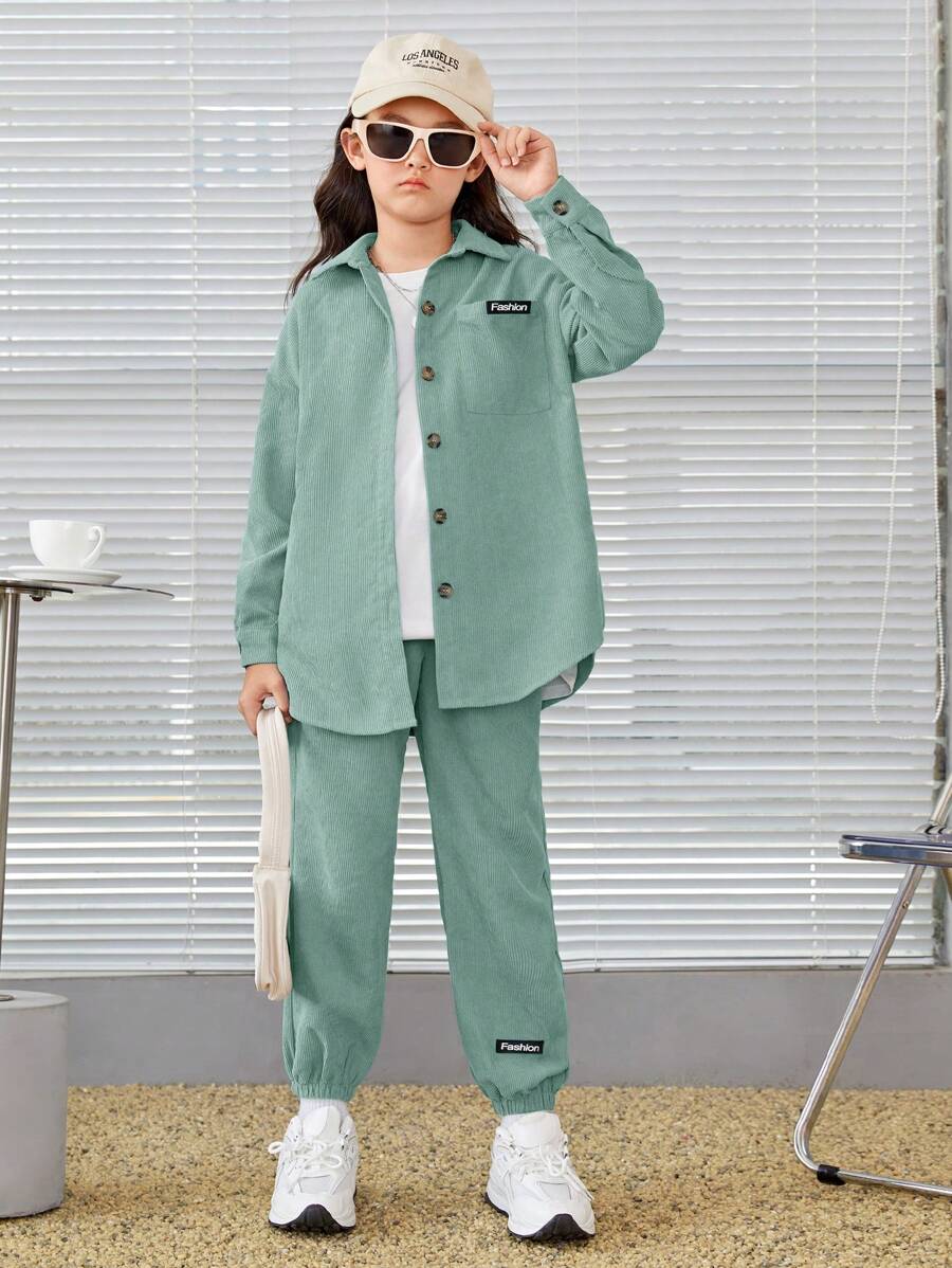 SHEIN Tween meisje Letterspatch Oversized Corduroy Shirt & broek