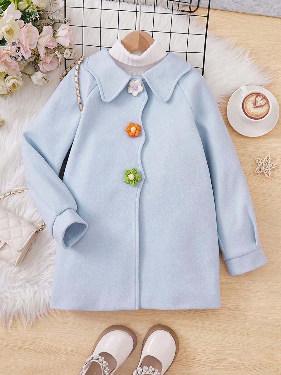 SHEIN Tween Girl 1pc Floral Button Raglan Sleeve Overcoat