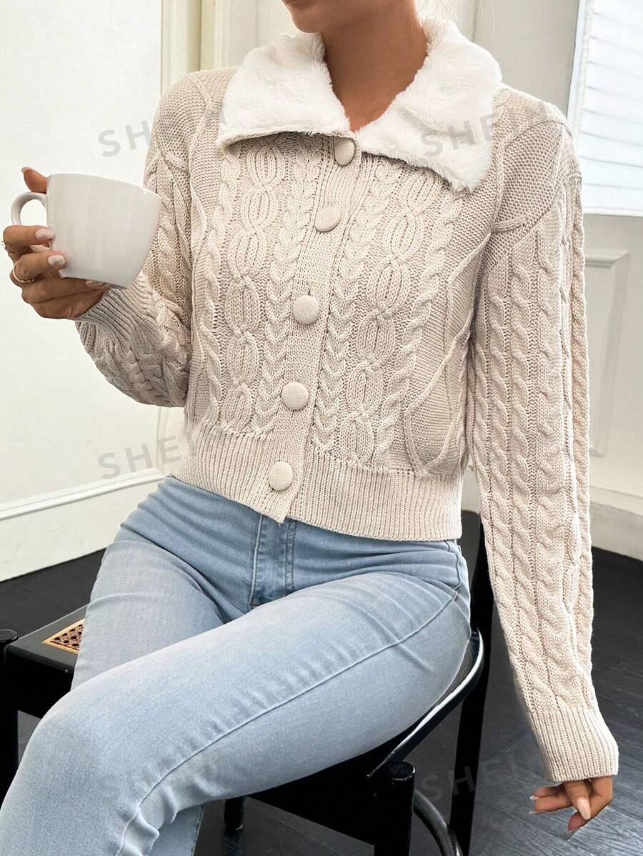 SHEIN Privé Cárdigan cuello de borreguito tejido de cable de hombros caídos