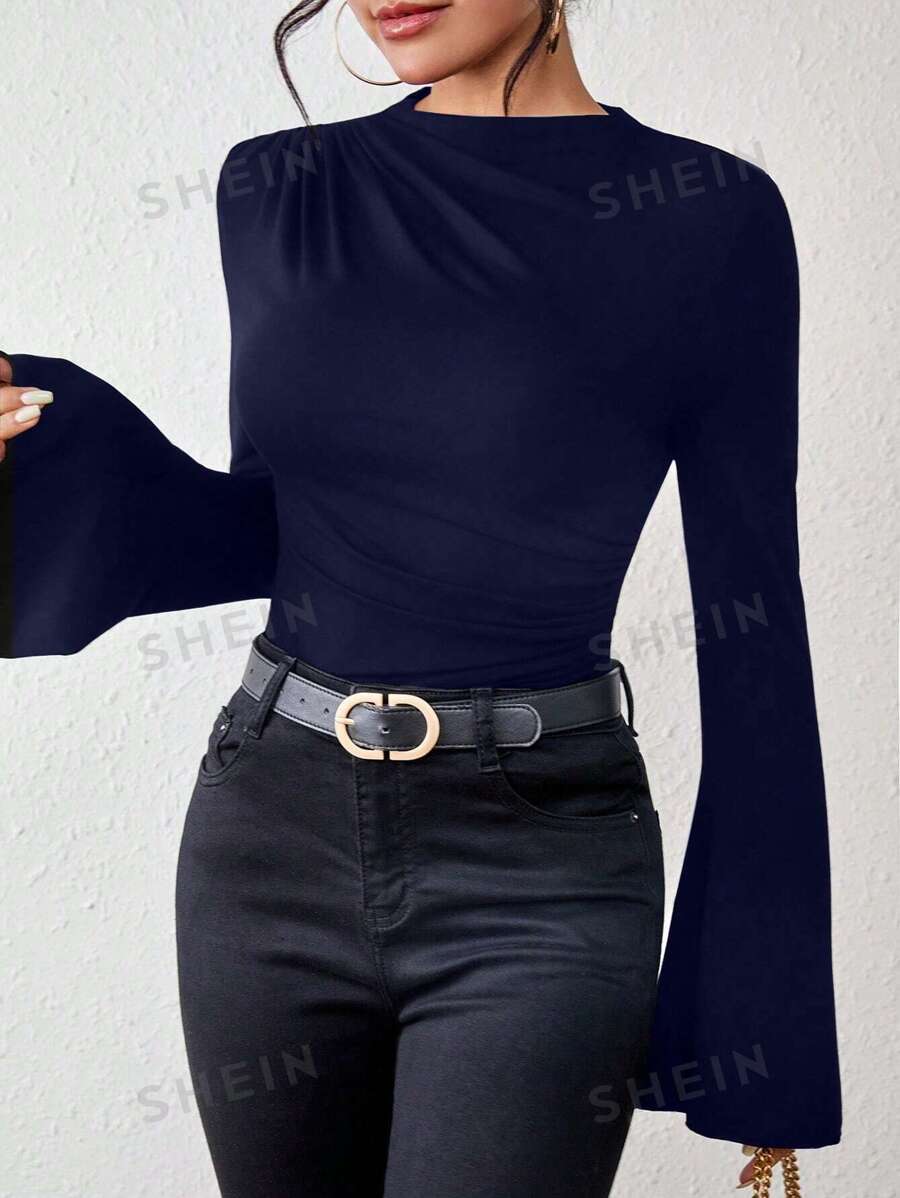 Chiquease Camiseta con mangas acuchilladas y plisadas de un solo color