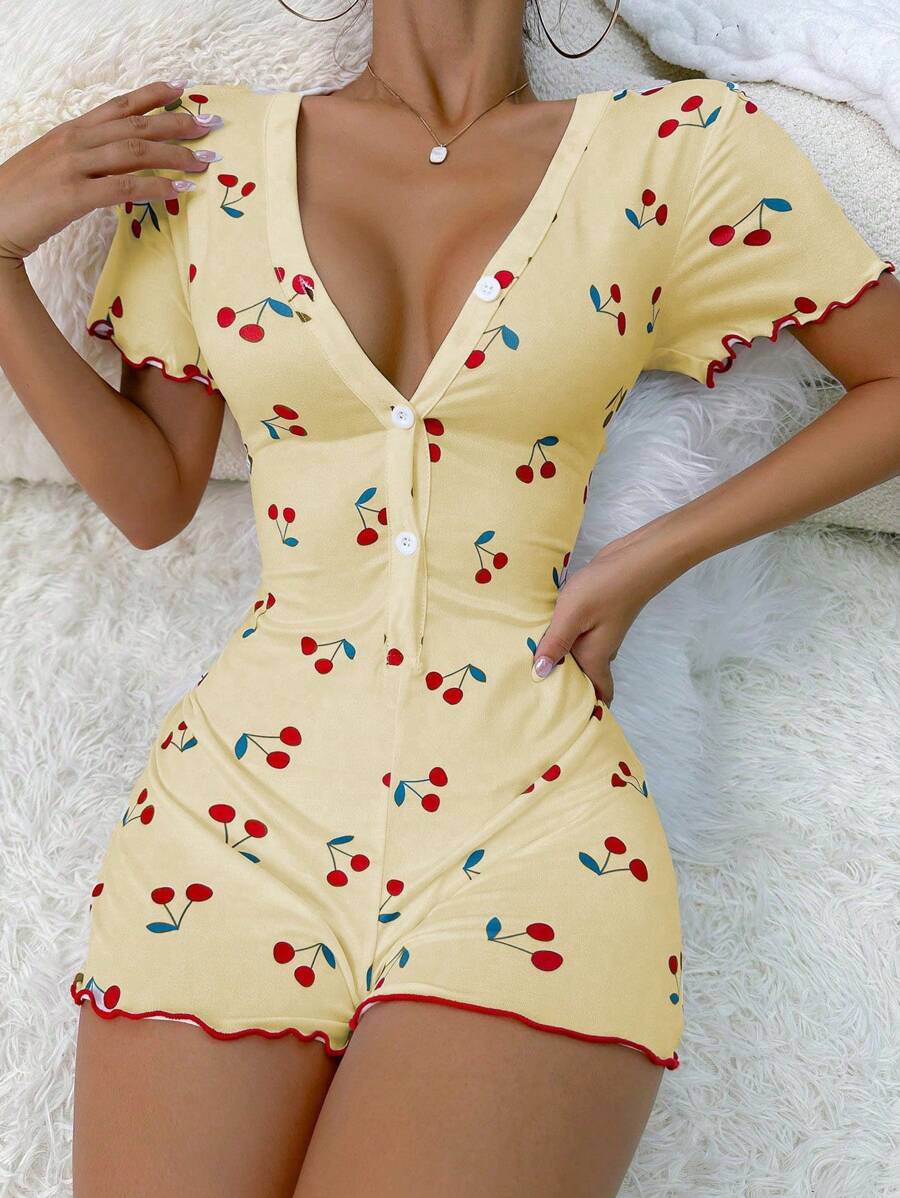 Cherry Print Lettuce Trim Button Front Sleep Romper