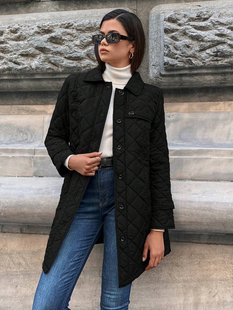 SHEIN Flap Detail Belted Quilted Coat