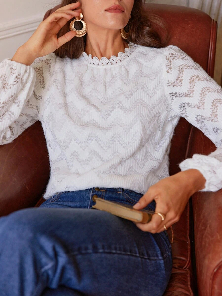 SHEIN Frenchy Guipure Lace Trim Lantern Sleeve Blouse