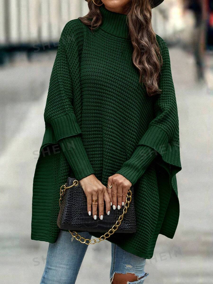 SHEIN LUNE Jersey de cuello alto con mangas tipo murciélago, jersey holgado de manga larga