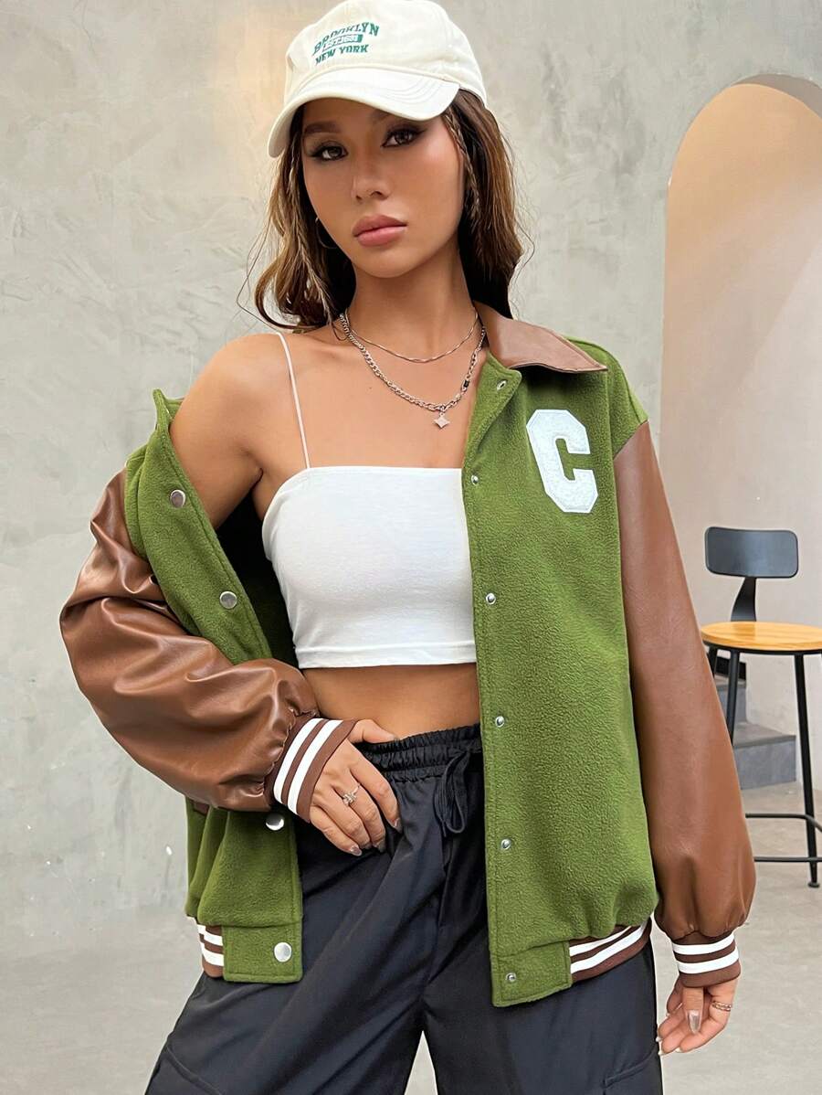 SHEIN EZwear Letter Patched Striped Trim Drop Shoulder Colorblock Striped Trim Jacket