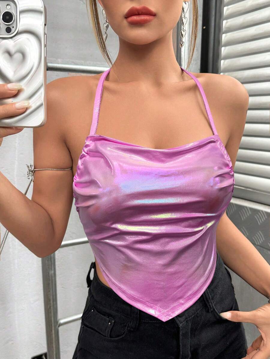 VaVaBold Holographic Tie Backless Halter Top