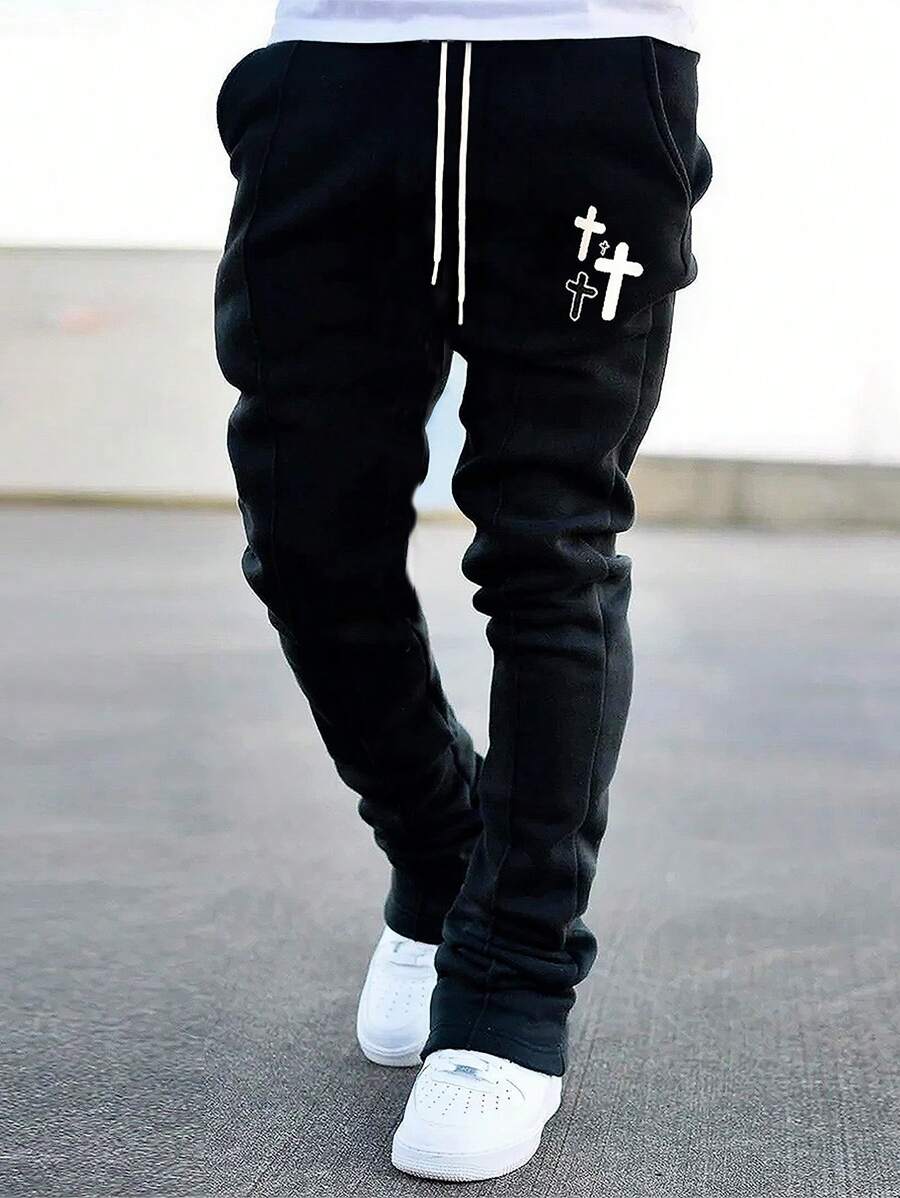 Manfinity EMRG Men Cross Print Drawstring Waist Sweatpants Long Flare Going Out Goth Friends, Back To School