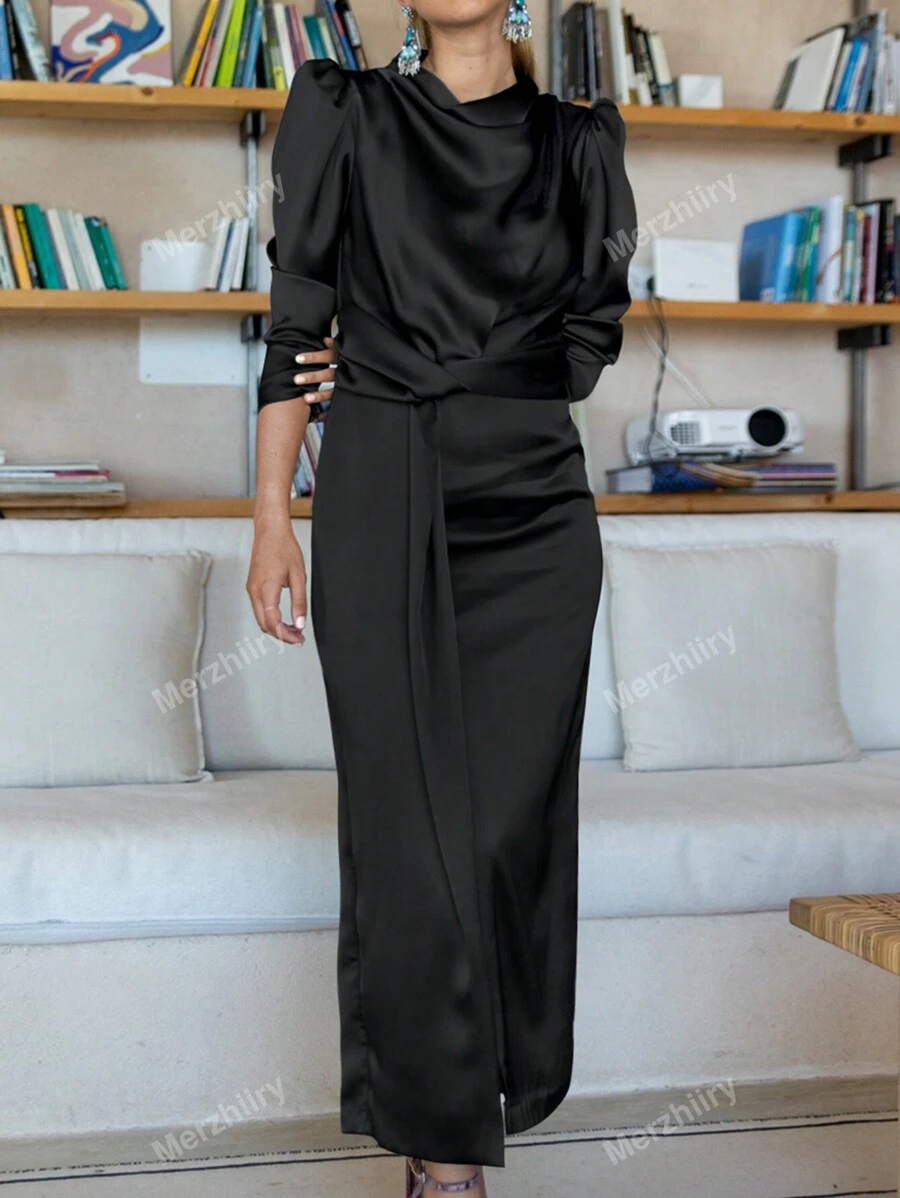 Draped Collar Puff Sleeve Draped Front Satin Dress