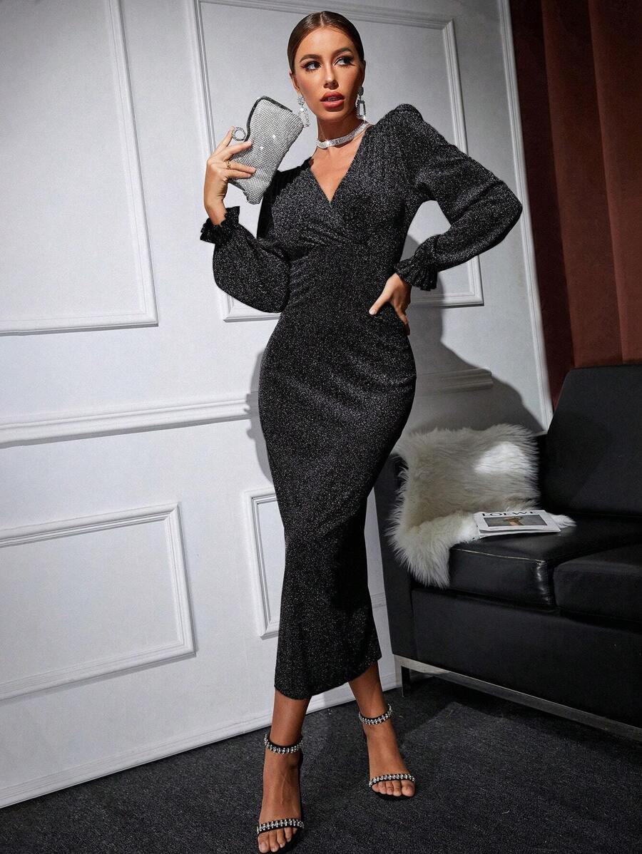 Modelyn Surplice Neck Glitter Bodycon Dress