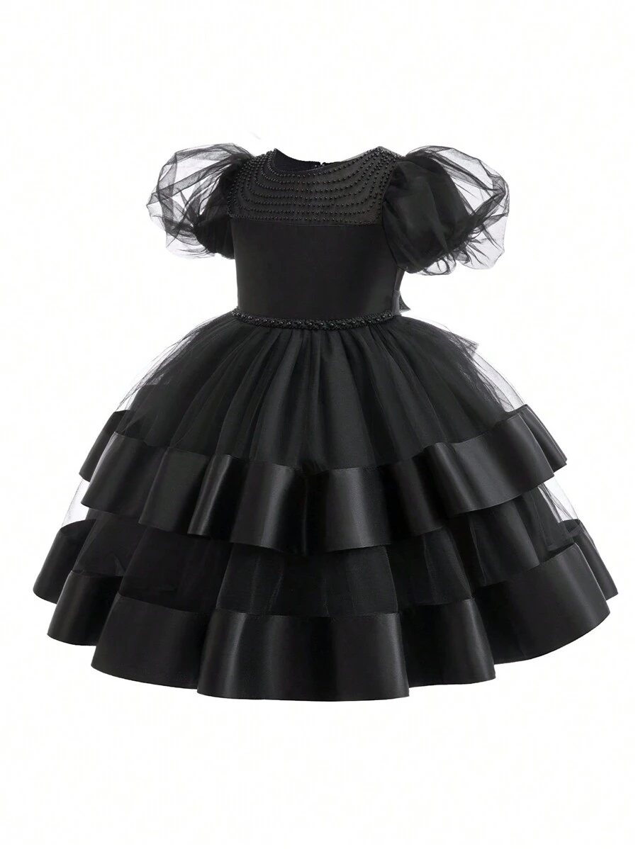 Young Girl Puff Sleeve Mesh Overlay Gown Dress for Christmas