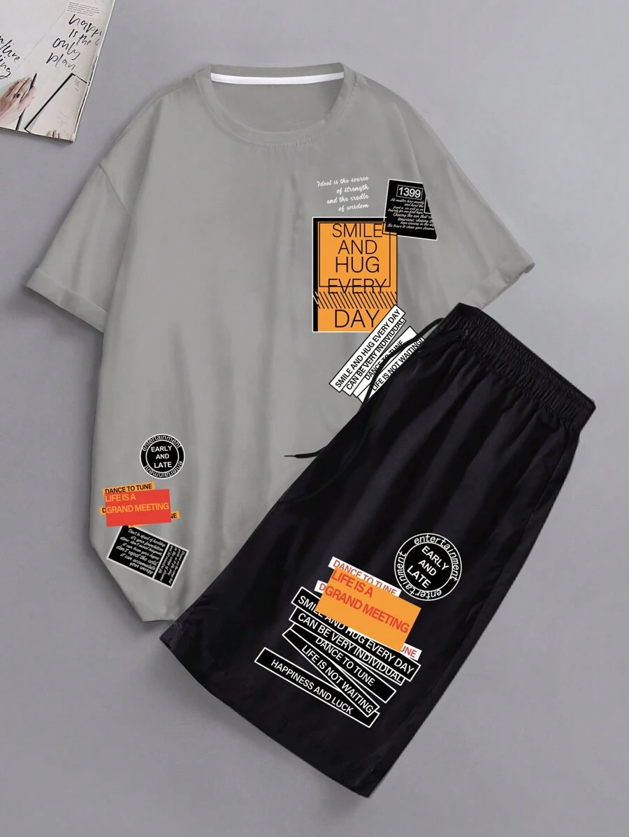 Manfinity Homme Men Slogan Graphic Tee & Drawstring Waist Shorts