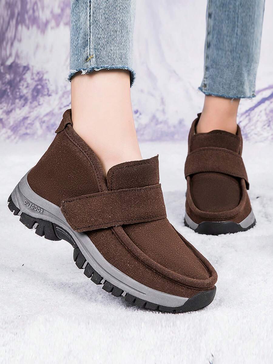 Women's Brown Low-Cut Climbing Shoes Magic Stickers Slip-On Thickened Flat Shoes Fashion Fuzzy Shoes