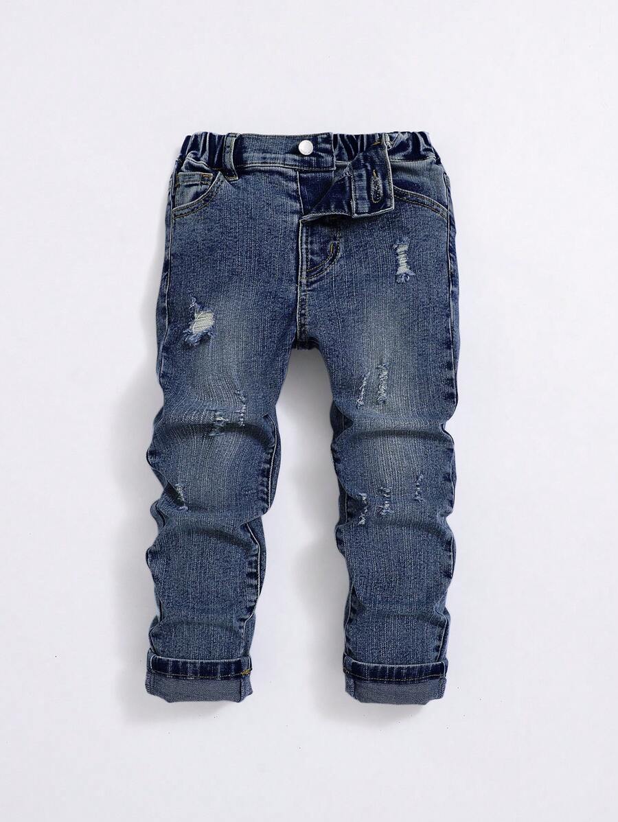 SHEIN Young Boy Ripped Frayed Bleach Wash Jeans