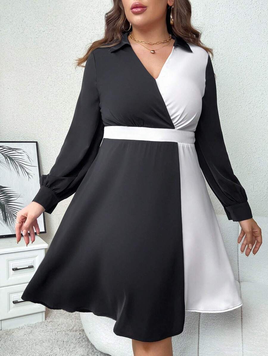 SHEIN Clasi Talla grande Vestido de dos tonos de cuello cruzado de manga farol
